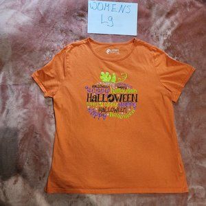Womens L Holiday Editions Happy Halloween Sparkly Text Pumpkin Graphic Tee